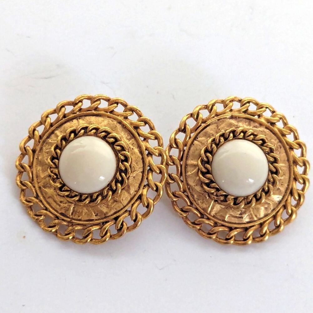 Vintage Estate Chunky Large Gold Tone Rope Cabochon Post Stud Earrings